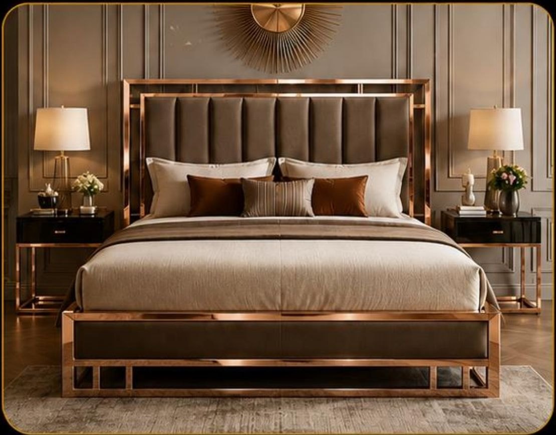 Modern PVD bed with gold frame in a luxury bedroom